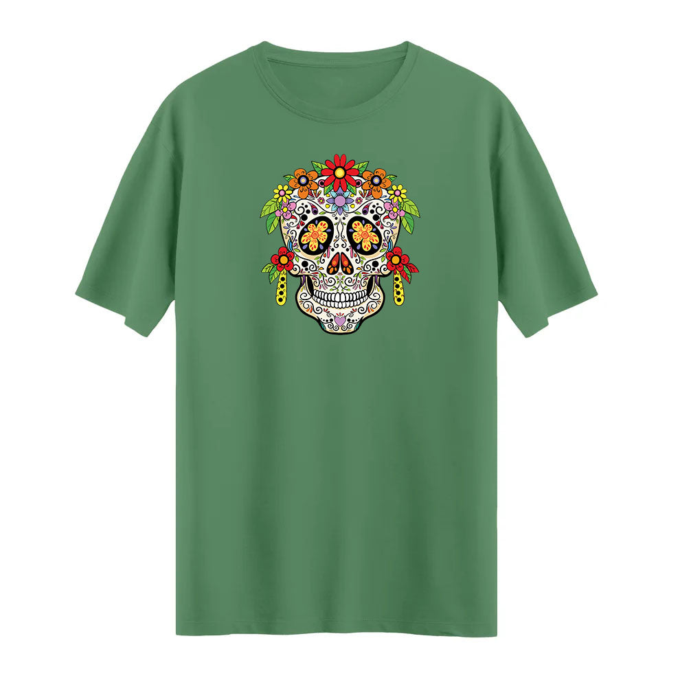 Kadın Floral Skull Baskılı T-shirt – Yumuşak ve Sanatsal Tasarım