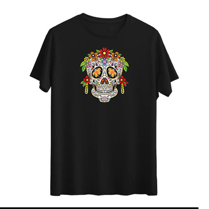 Kadın Floral Skull Baskılı T-shirt – Yumuşak ve Sanatsal Tasarım