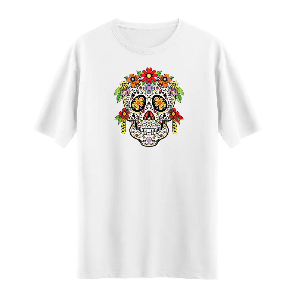 Kadın Floral Skull Baskılı T-shirt – Yumuşak ve Sanatsal Tasarım